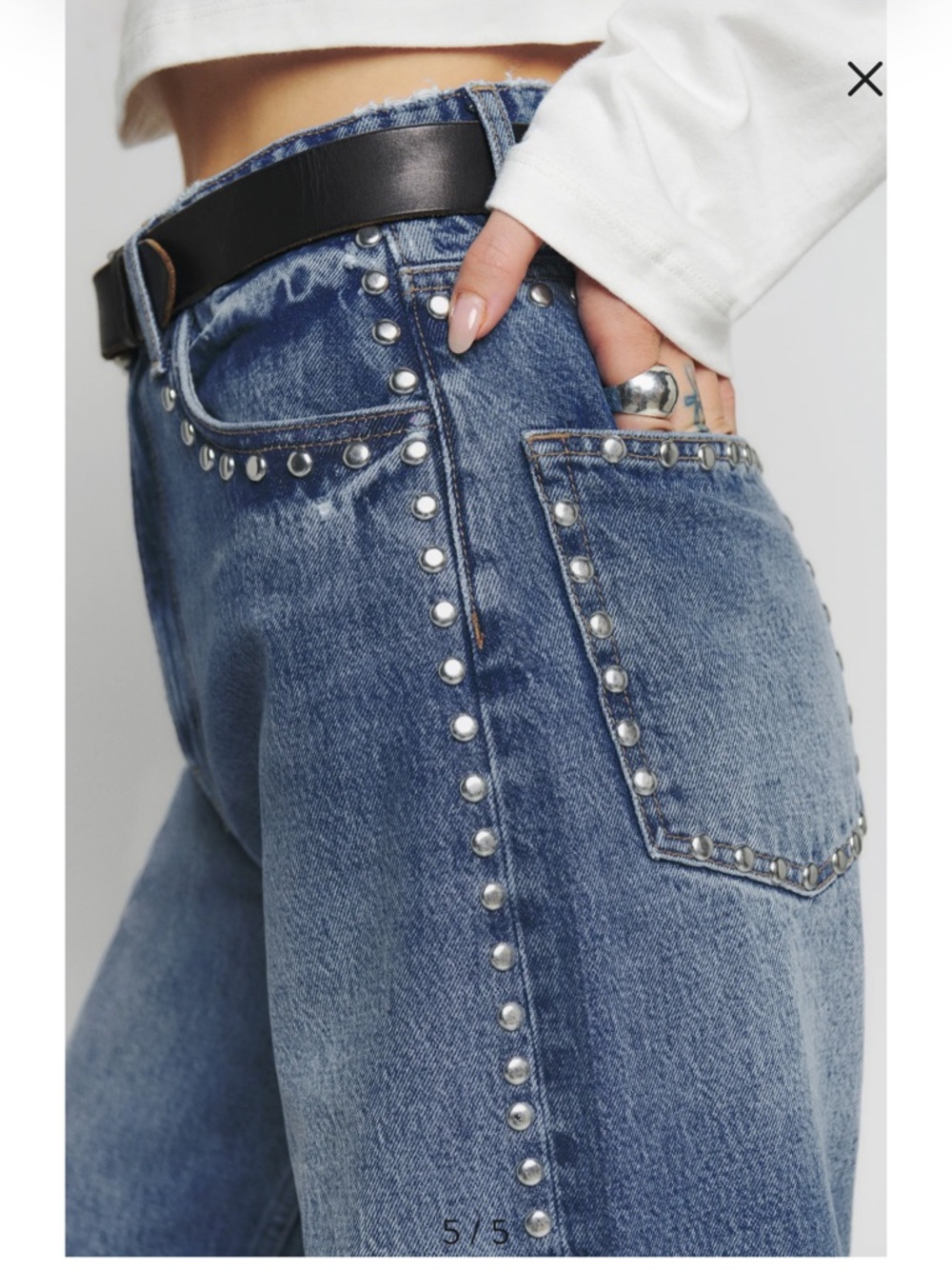 Reformation Blue Denim Straight-Leg Jeans with Silver Studs